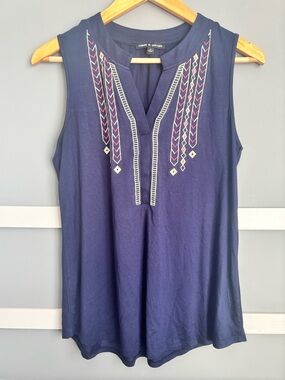 Cable & Gauge Navy Sleeveless Tank with Embroidered Pink & White Accents